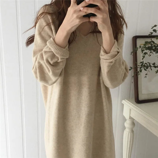 Spring New Arrival V-Neck Sweater Dress | Custom Fit Lightweight Plain Knit Dress for Women Aivee