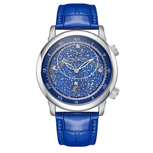 PAULAREIS Luxury Men’s Automatic Watch – Starry Sky Rotating Dial, Waterproof Mechanical Wristwatch with Leather Strap Astro