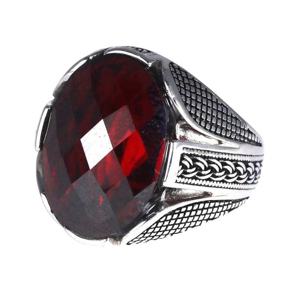 Men’s 925 Sterling Silver Ring with Red Zircon Stone – Vintage Turkish Wedding Jewelry Eren