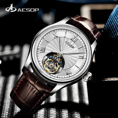 AESOP 7041 Luxury Skeleton Tourbillon Men’s Watch – Roman Numerals, Stainless Steel, Sapphire Crystal Automatic