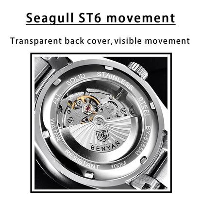 BENYAR 5185 Automatic Mechanical Watch for Men – 39mm Stainless Steel Waterproof Men’s Wristwatch