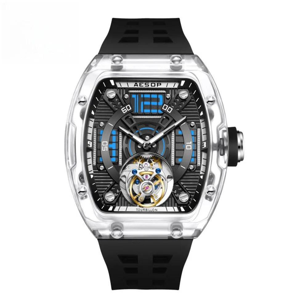 AESOP 7043 Men’s Tourbillon Tonneau Watch – Transparent Automatic Mechanical, Luminous, Waterproof