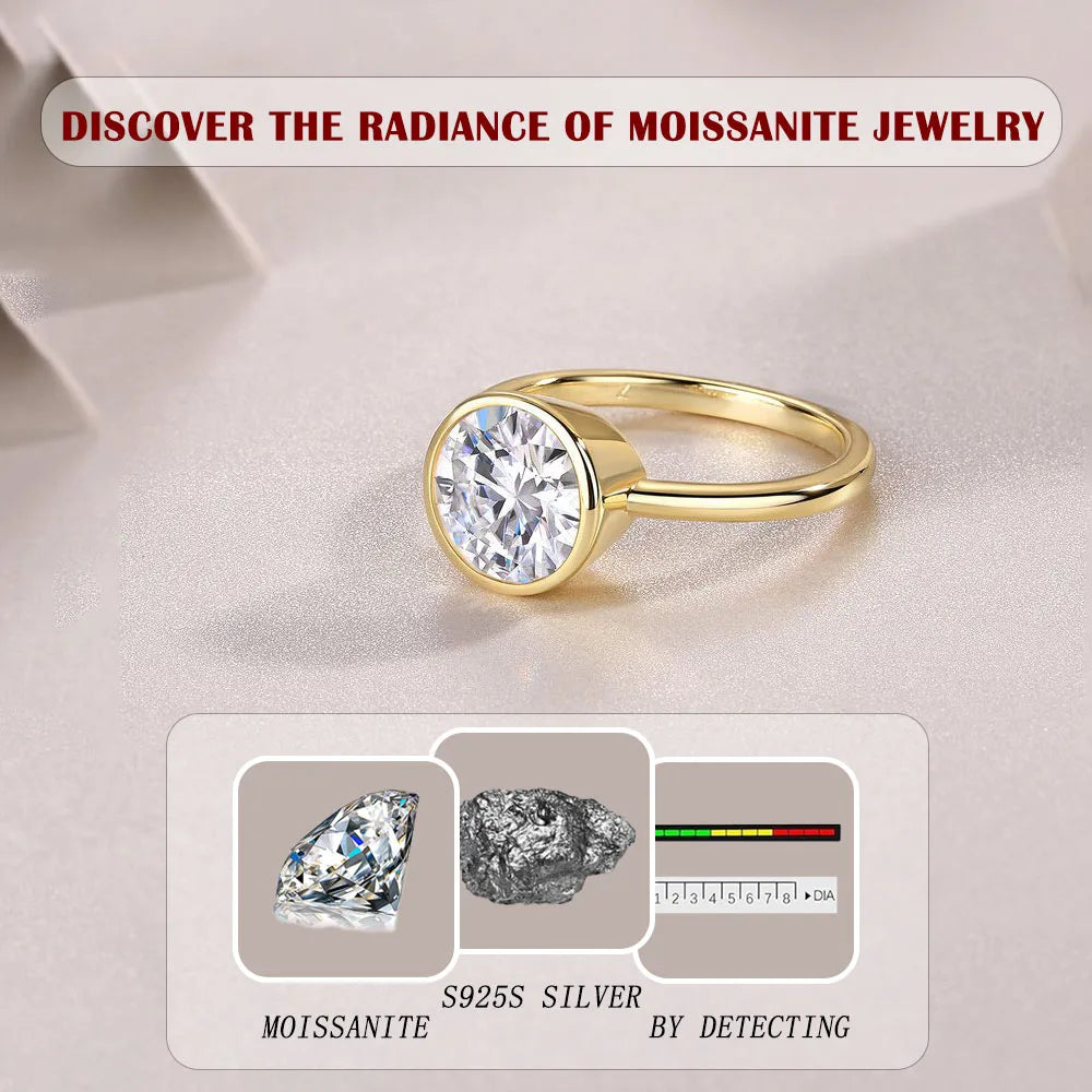 3CT Round Cut Moissanite Engagement Ring – Bezel Set 18K Gold Plated 925 Sterling Silver Gift for Her