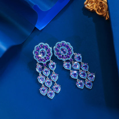 Rhodium Plated CZ Purple & Turquoise Heart Tassel Dangle Drop Earrings for Women