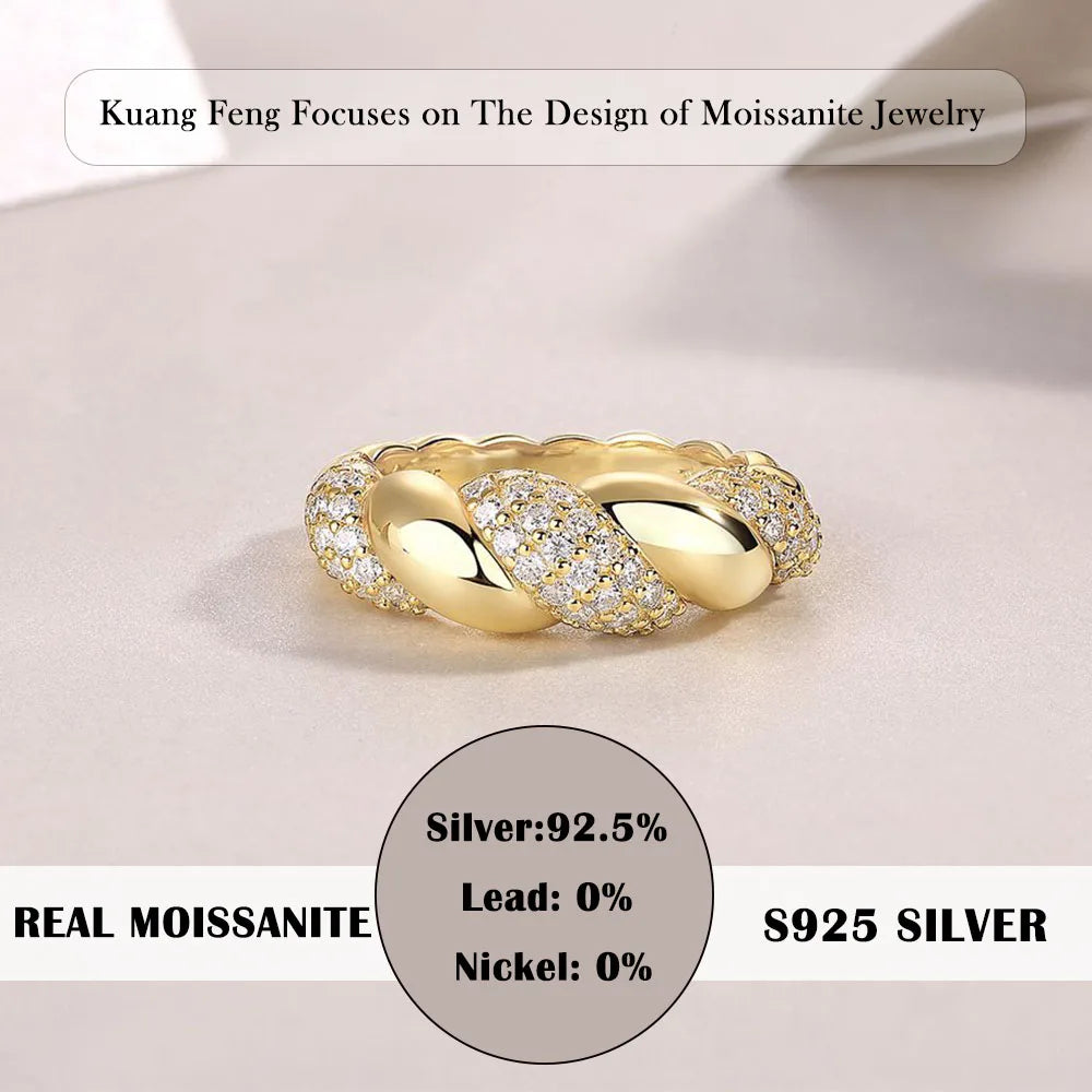 18K Gold Plated 925 Sterling Silver Twisted Galaxy Moissanite Ring with Pavé Stones for Women