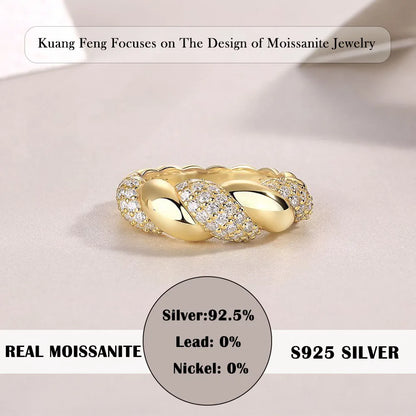 18K Gold Plated 925 Sterling Silver Twisted Galaxy Moissanite Ring with Pavé Stones for Women