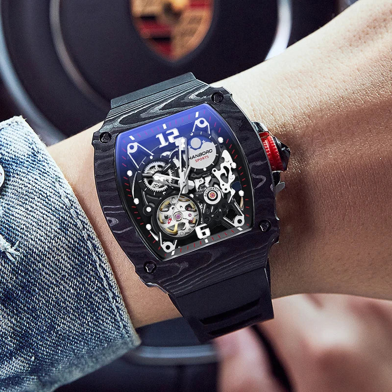 HANBORO Fully Automatic Mechanical Men’s Watch – Waterproof Luminous Square Dial, Hollow Design, Rubber Strap, Skeleton Wristwatch Mert