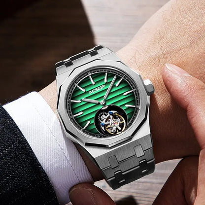 AESOP 7057 Luxury Skeleton Tourbillon Watch for Men – Stainless Steel Automatic Mechanical, Sapphire Crystal, Waterproof