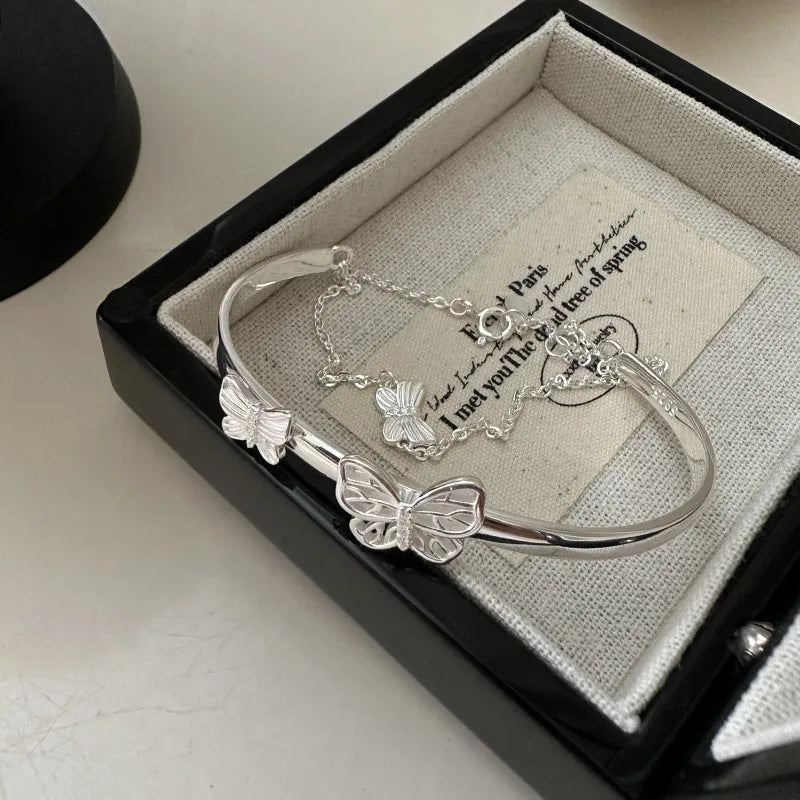 925 Sterling Silver Butterfly Bracelet – Double Layer Bangle for Women Ecrin