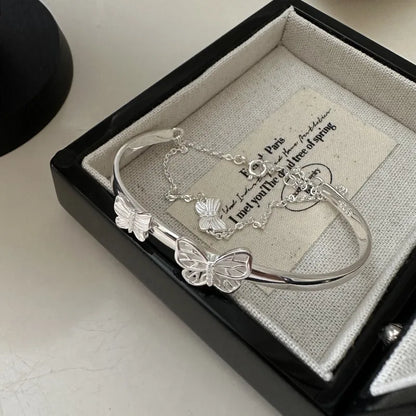 925 Sterling Silver Butterfly Bracelet – Double Layer Bangle for Women Ecrin