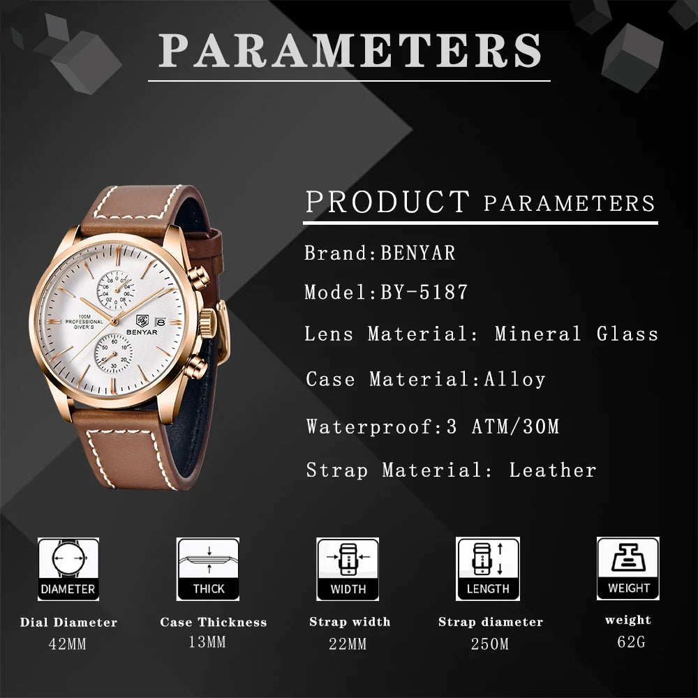 BENYAR 5187 Men’s Chronograph Watch – Waterproof Quartz Sports Wristwatch with Genuine Leather Strap & Date