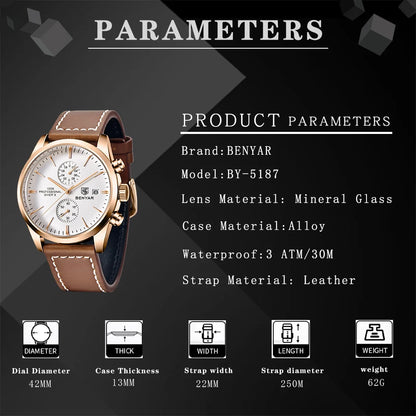 BENYAR 5187 Men’s Chronograph Watch – Waterproof Quartz Sports Wristwatch with Genuine Leather Strap & Date
