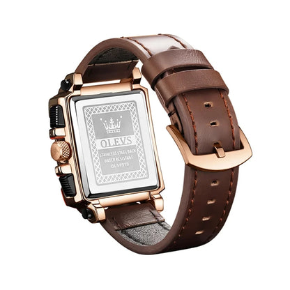 OLEVS 9919 Men’s Square Quartz Watch – Waterproof Leather Strap, Sport Luxury Wristwatch for Men