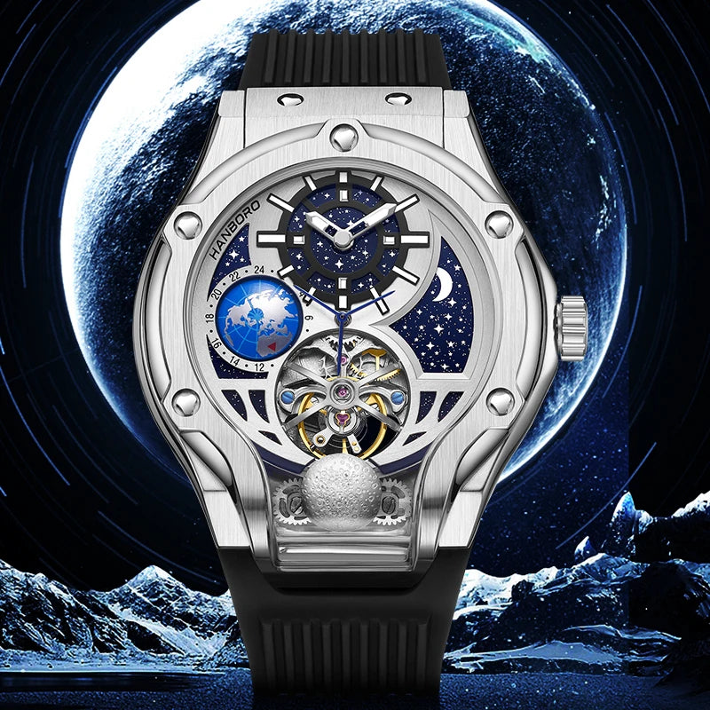Luxury Men’s Automatic Mechanical Watch – Hollow Starry Sky Dial, Luminous Hands, Waterproof Silicone Strap, Business Fashion Wristwatch Taha