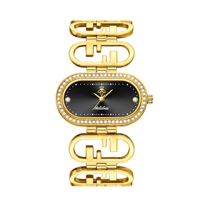 Women’s Oval Quartz Watch – Gold‑Tone Alloy Case with Diamond Accents, 30M Water Resistant Analog Watch for Daily Wear & Gifts Velmira