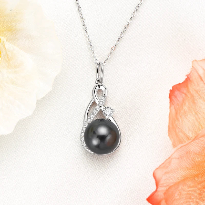 925 Sterling Silver Moissanite 10mm Natural Tahitian Black Pearl Infinity Pendant Necklace for Women