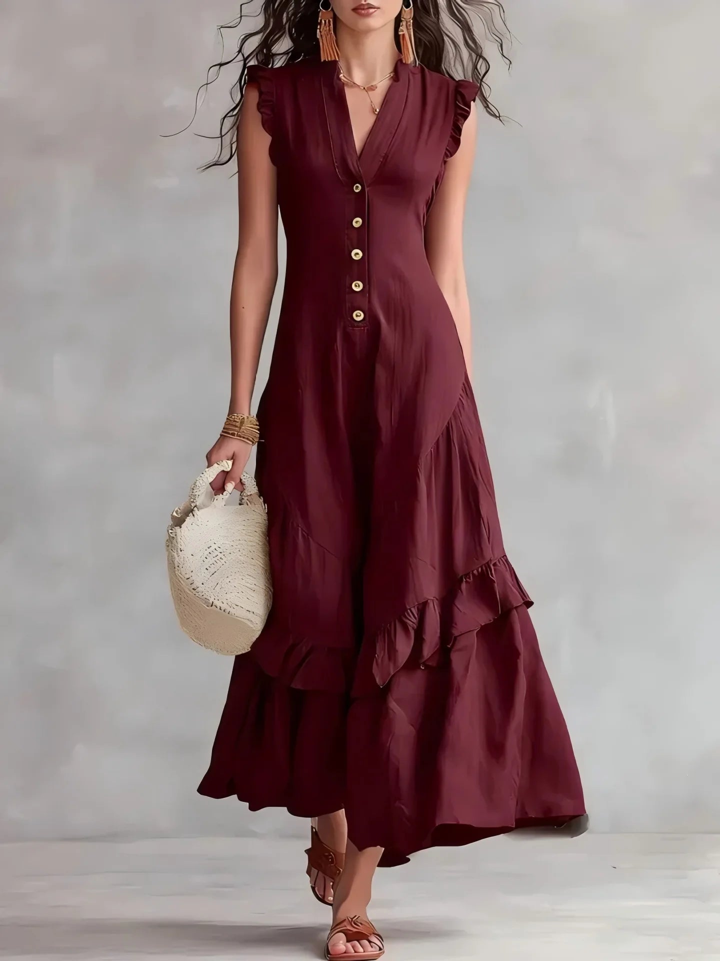 Women's Elegant Ruffle Long Dress | Casual Button-Down Maxi Dress Lindsay