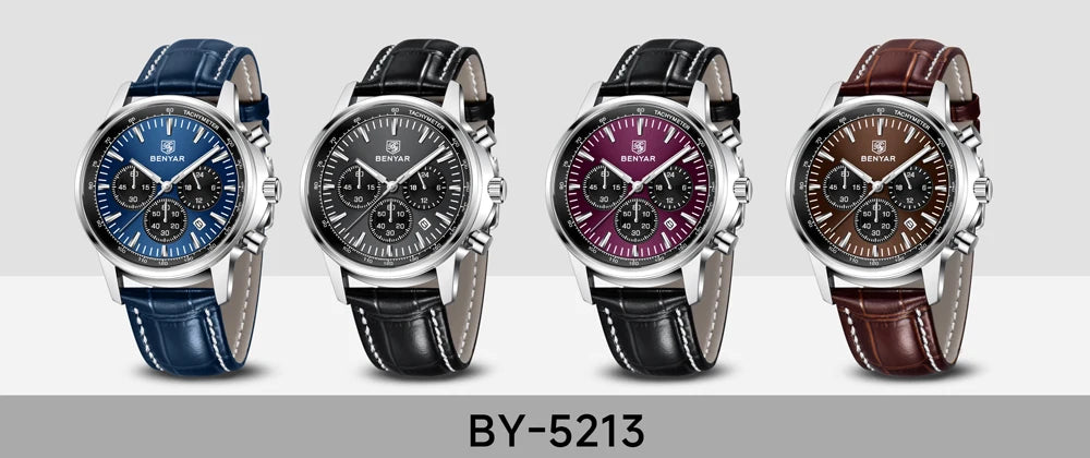 BENYAR 5213 Men's Luxury Quartz Chronograph Watch – Waterproof Leather Strap, Luminous Dial, Designer Sport Wristwatch for Men