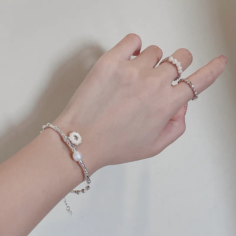 Handmade 925 Pure Silver Bead Necklace – Natural Freshwater Pearl, Bamboo Round Design with Heart Charm Bracelet Aylin