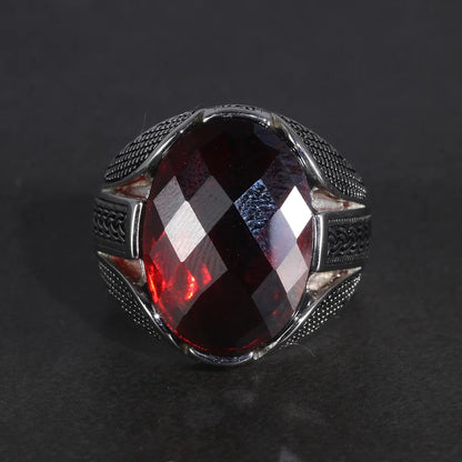 Men’s 925 Sterling Silver Ring with Red Zircon Stone – Vintage Turkish Wedding Jewelry Eren