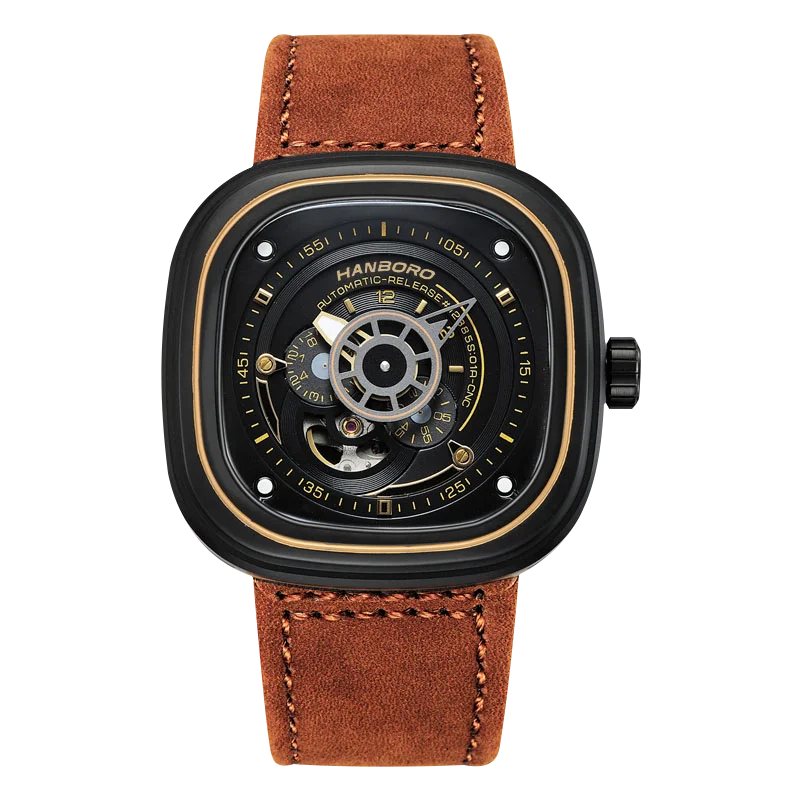 MIYOTA Automatic HANBORO Men’s Luxury Square Watch – Stainless Steel Case, Leather Strap, Luminous Dial, Folding Clasp Mechanical Wristwatch Yusuf