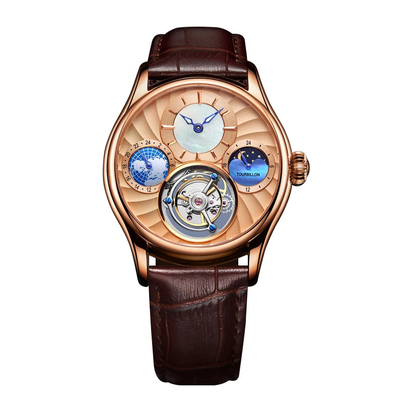 AESOP 7017 Luxury Men's Mechanical Watch – Skeleton Dial, Moon Phase Chronograph, Sapphire Crystal, Stainless Steel Tourbillon Wristwatch