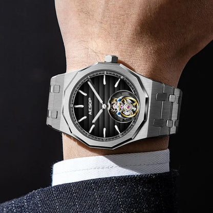 AESOP 7057 Luxury Skeleton Tourbillon Watch for Men – Stainless Steel Automatic Mechanical, Sapphire Crystal, Waterproof