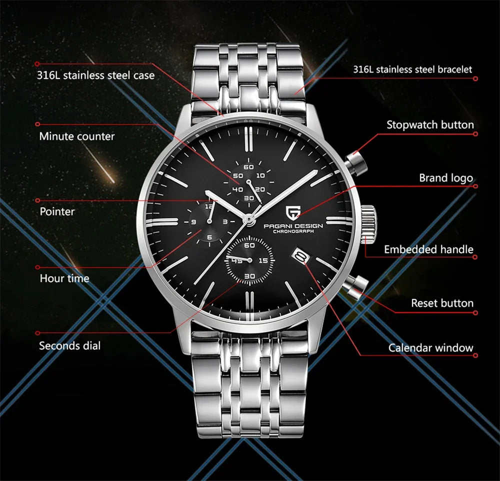 PAGANI DESIGN 2720 Men’s Sports Chronograph Watch – Quartz Business & Fashion Leather Strap Wristwatch