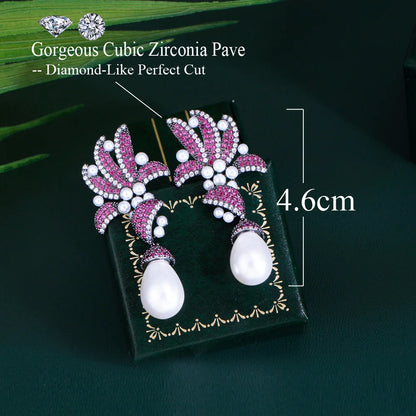Fuchsia Red Cubic Zirconia Pave Flower & Leaf Long Dangle Drop Pearl Earrings – Glamorous Party & Wedding Jewelry for Women