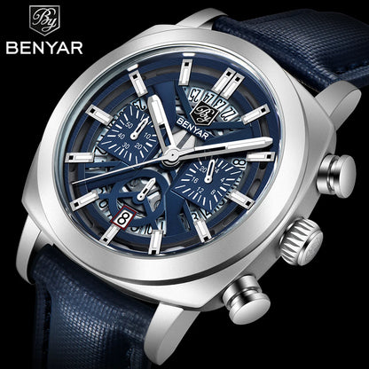 BENYAR 5205M Men's Luxury Quartz Chronograph Watch – 30M Waterproof, Luminous Dial, Leather Strap Fashion Wristwatch for Men