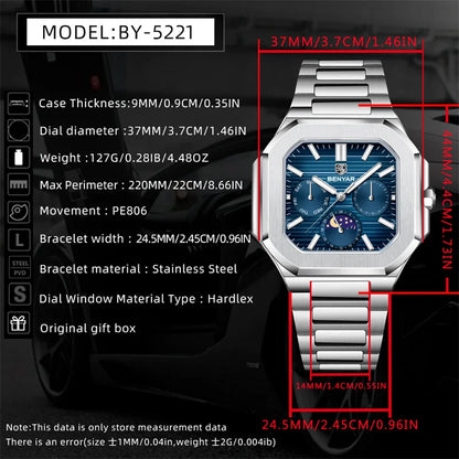 BENYAR 5221 Men’s Square Quartz Watch 37mm – Stainless Steel Waterproof Business Wristwatch, Fashion Gift for Men