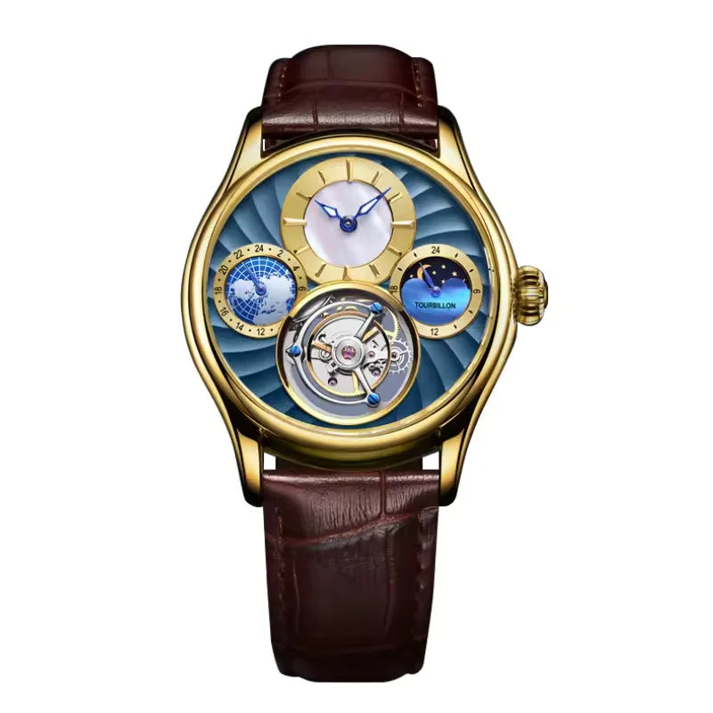 AESOP 7017 Luxury Men's Mechanical Watch – Skeleton Dial, Moon Phase Chronograph, Sapphire Crystal, Stainless Steel Tourbillon Wristwatch