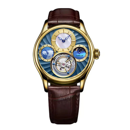 AESOP 7017 Luxury Men's Mechanical Watch – Skeleton Dial, Moon Phase Chronograph, Sapphire Crystal, Stainless Steel Tourbillon Wristwatch
