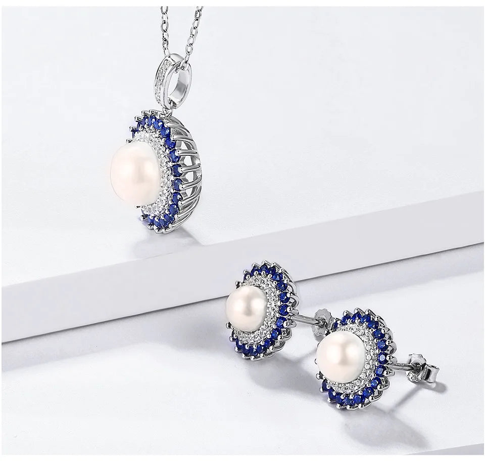 925 Sterling Silver Natural Pearl Jewelry Set for Women – Freshwater Pearl Stud Earrings & Sapphire Pendant Lirael