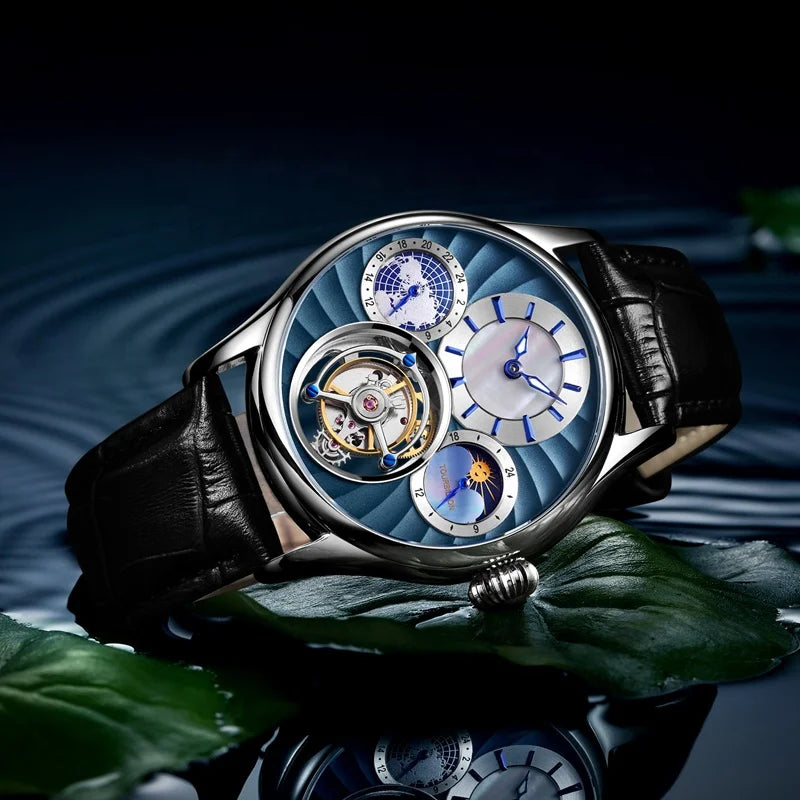 AESOP 7017 Luxury Men's Mechanical Watch – Skeleton Dial, Moon Phase Chronograph, Sapphire Crystal, Stainless Steel Tourbillon Wristwatch