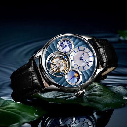 AESOP 7017 Luxury Men's Mechanical Watch – Skeleton Dial, Moon Phase Chronograph, Sapphire Crystal, Stainless Steel Tourbillon Wristwatch