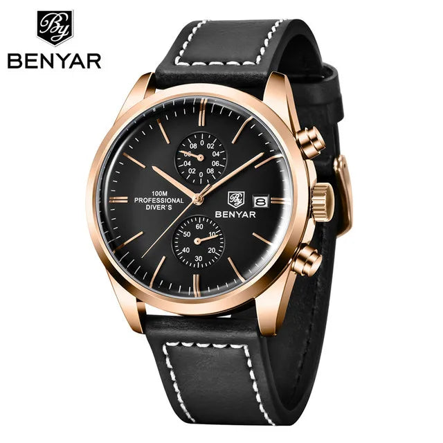 BENYAR 5187 Men’s Chronograph Watch – Waterproof Quartz Sports Wristwatch with Genuine Leather Strap & Date