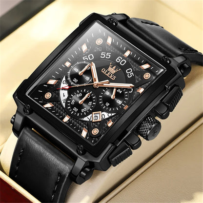 OLEVS 9919 Men’s Square Quartz Watch – Waterproof Leather Strap, Sport Luxury Wristwatch for Men