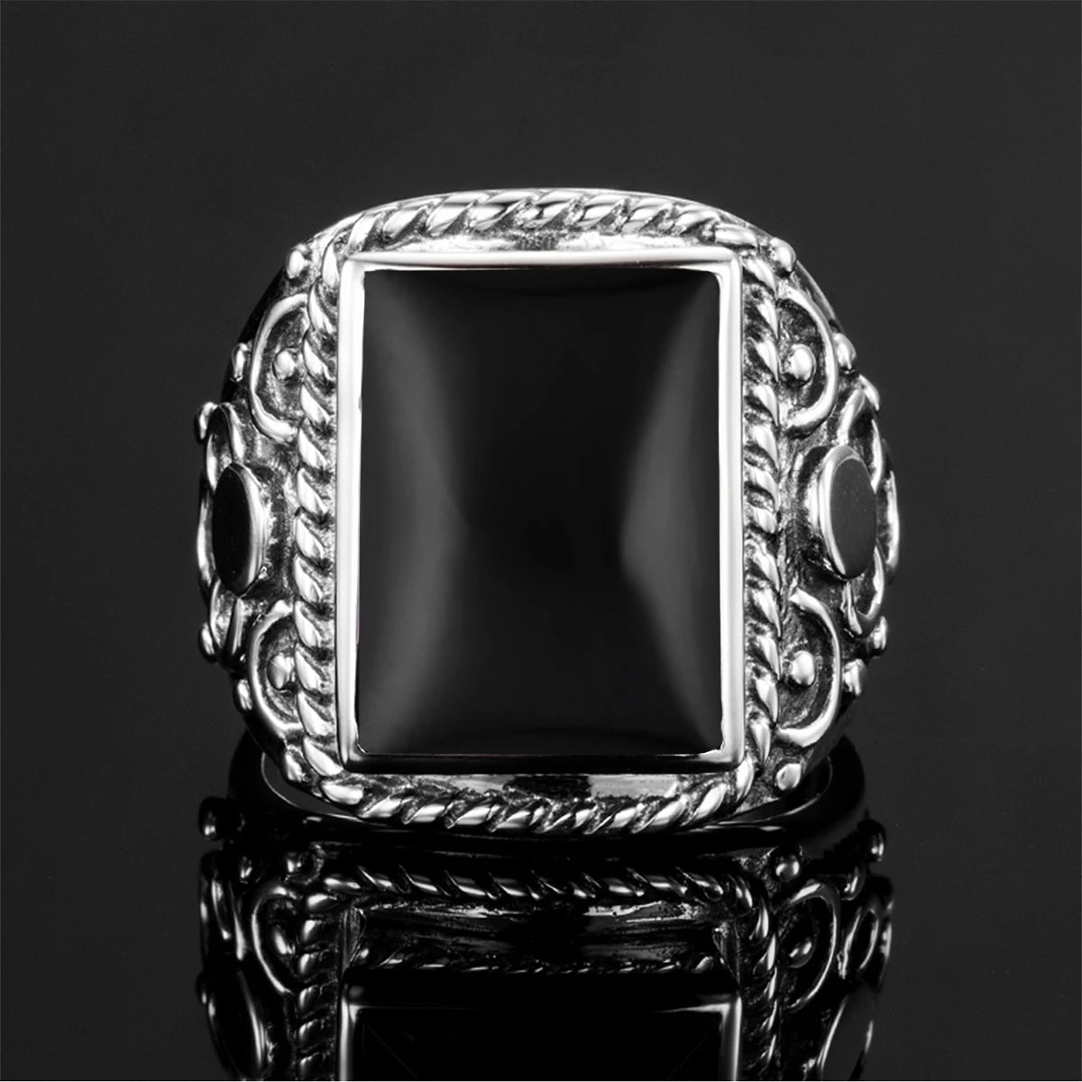 Vintage Filigree 925 Sterling Silver Men’s Ring – Turkish Black Agate Gemstone, Rhodium Plated Floral Design Andreas