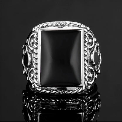 Vintage Filigree 925 Sterling Silver Men’s Ring – Turkish Black Agate Gemstone, Rhodium Plated Floral Design Andreas