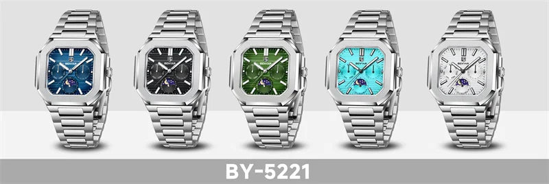 BENYAR 5221 Men’s Square Quartz Watch 37mm – Stainless Steel Waterproof Business Wristwatch, Fashion Gift for Men