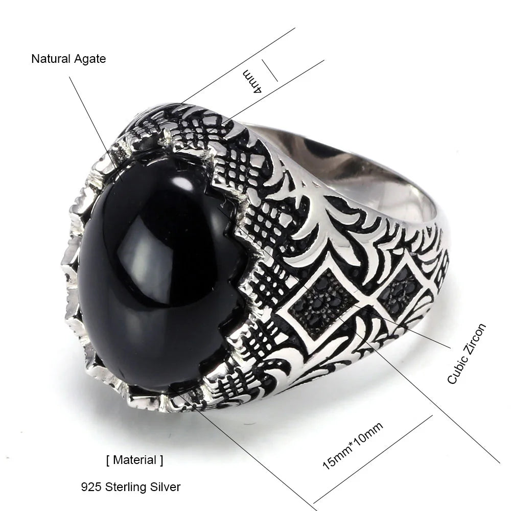 Men’s 925 Sterling Silver Black Ring – Vintage Turkish Floral Design with Stone Kerem