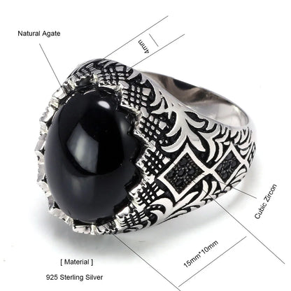 Men’s 925 Sterling Silver Black Ring – Vintage Turkish Floral Design with Stone Kerem