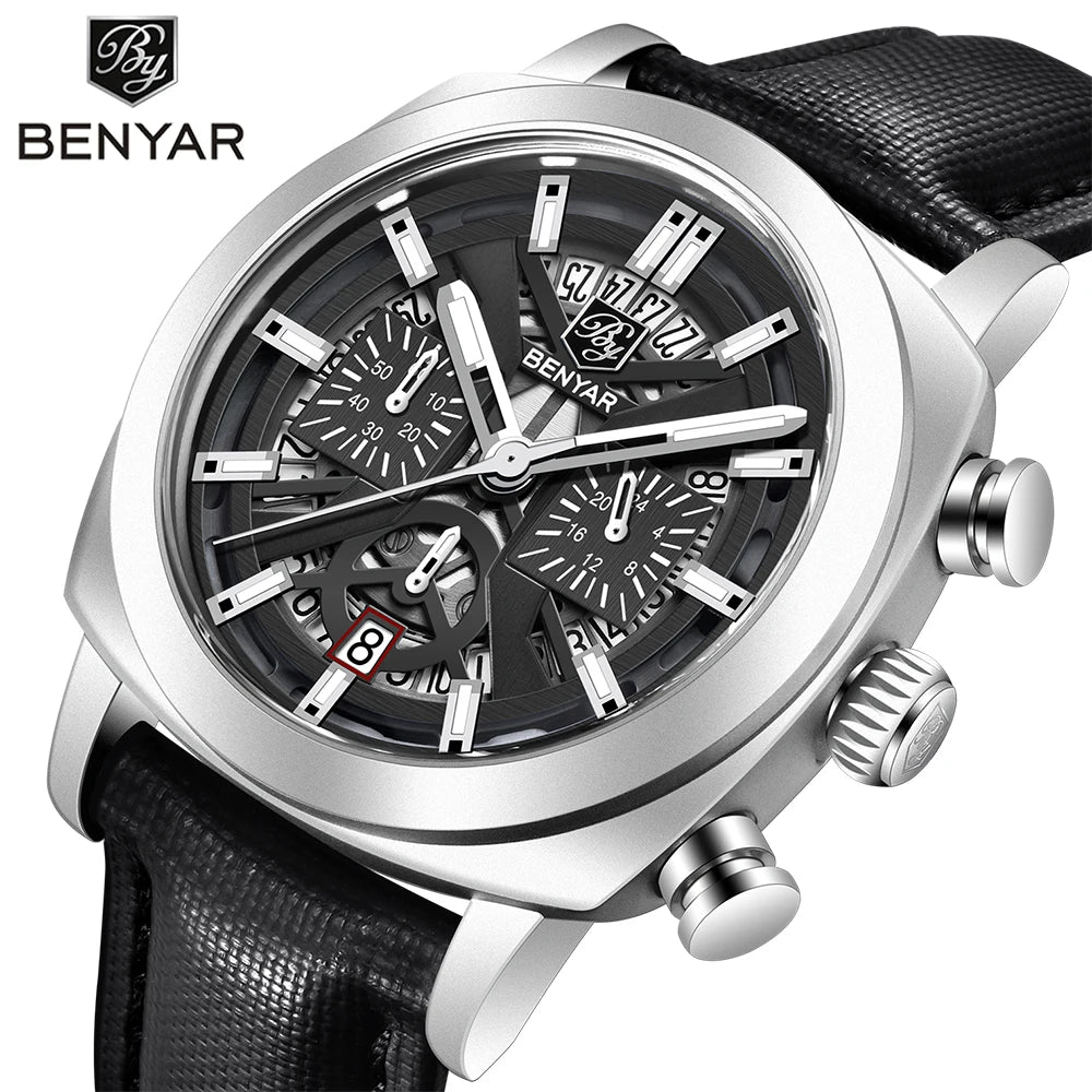 BENYAR 5205M Men's Luxury Quartz Chronograph Watch – 30M Waterproof, Luminous Dial, Leather Strap Fashion Wristwatch for Men