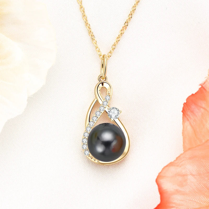 925 Sterling Silver Moissanite 10mm Natural Tahitian Black Pearl Infinity Pendant Necklace for Women