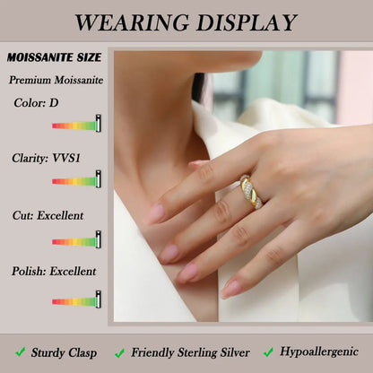 18K Gold Plated 925 Sterling Silver Twisted Galaxy Moissanite Ring with Pavé Stones for Women