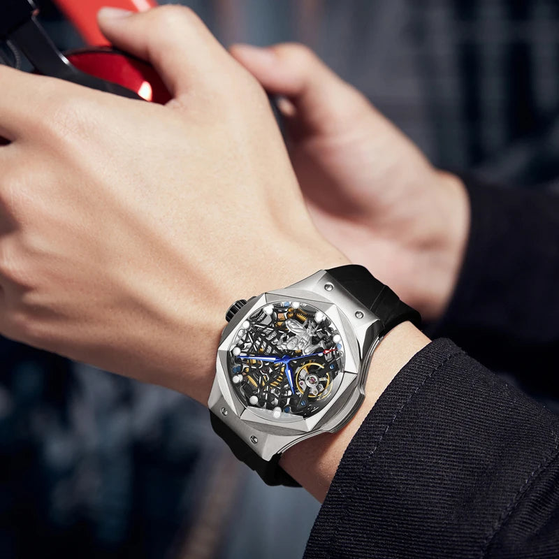 HANBORO Men’s Automatic Skeleton Flywheel Watch – Spider Web Design, Mechanical Movement, Power Reserve, Silicone Strap, Luxury Wristwatch