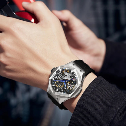 HANBORO Men’s Automatic Skeleton Flywheel Watch – Spider Web Design, Mechanical Movement, Power Reserve, Silicone Strap, Luxury Wristwatch