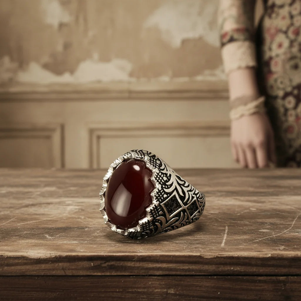 Men’s 925 Sterling Silver Black Ring – Vintage Turkish Floral Design with Stone Kerem