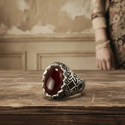 Men’s 925 Sterling Silver Black Ring – Vintage Turkish Floral Design with Stone Kerem